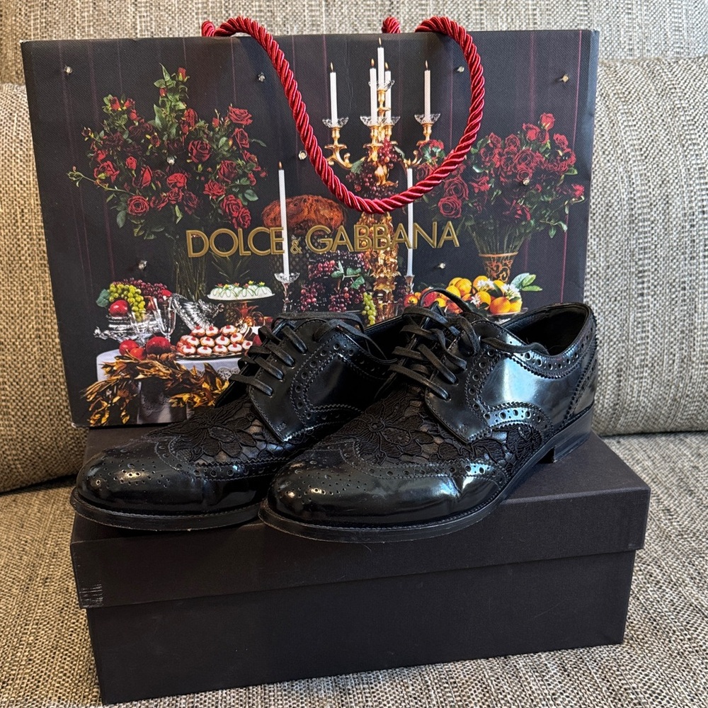 Dolce & Gabbana Black Floral Patent Leather Brogues
